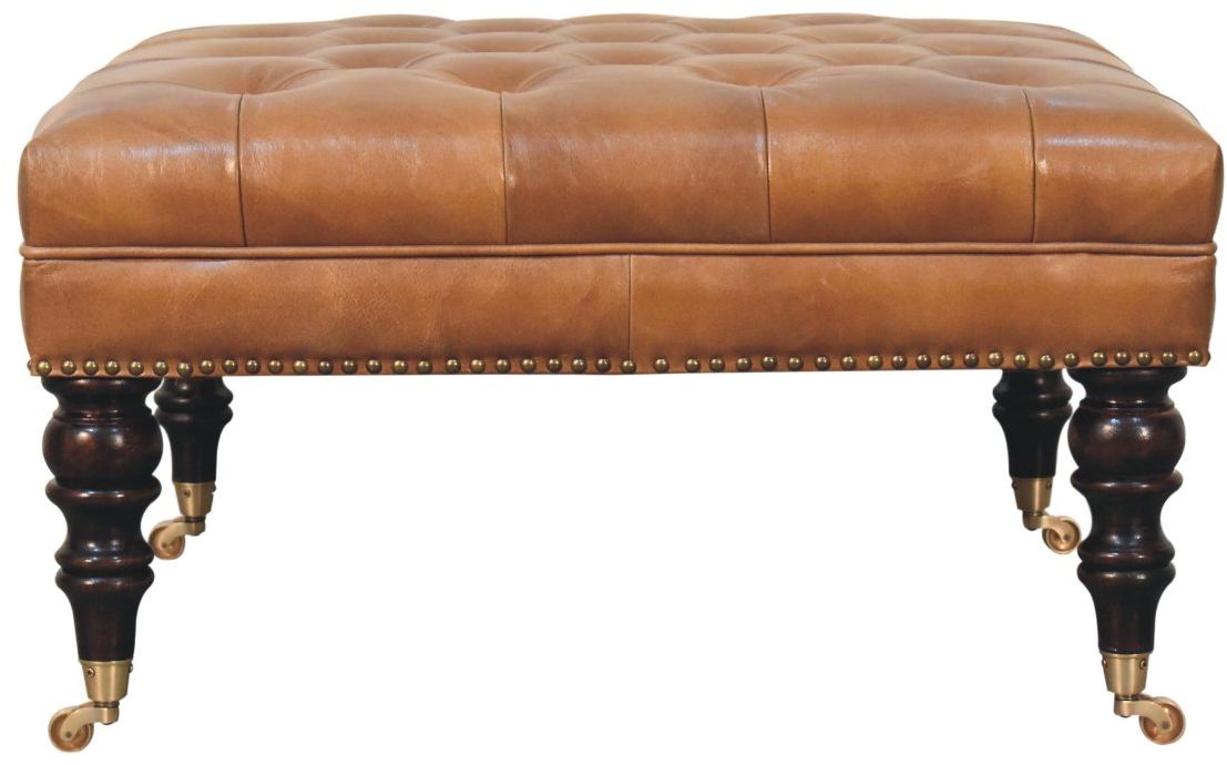 Artisan - Studded Buffalo Tan Leather Ottoman With Castor Legs