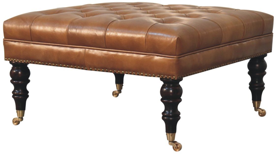 Artisan - Studded Buffalo Tan Leather Ottoman With Castor Legs