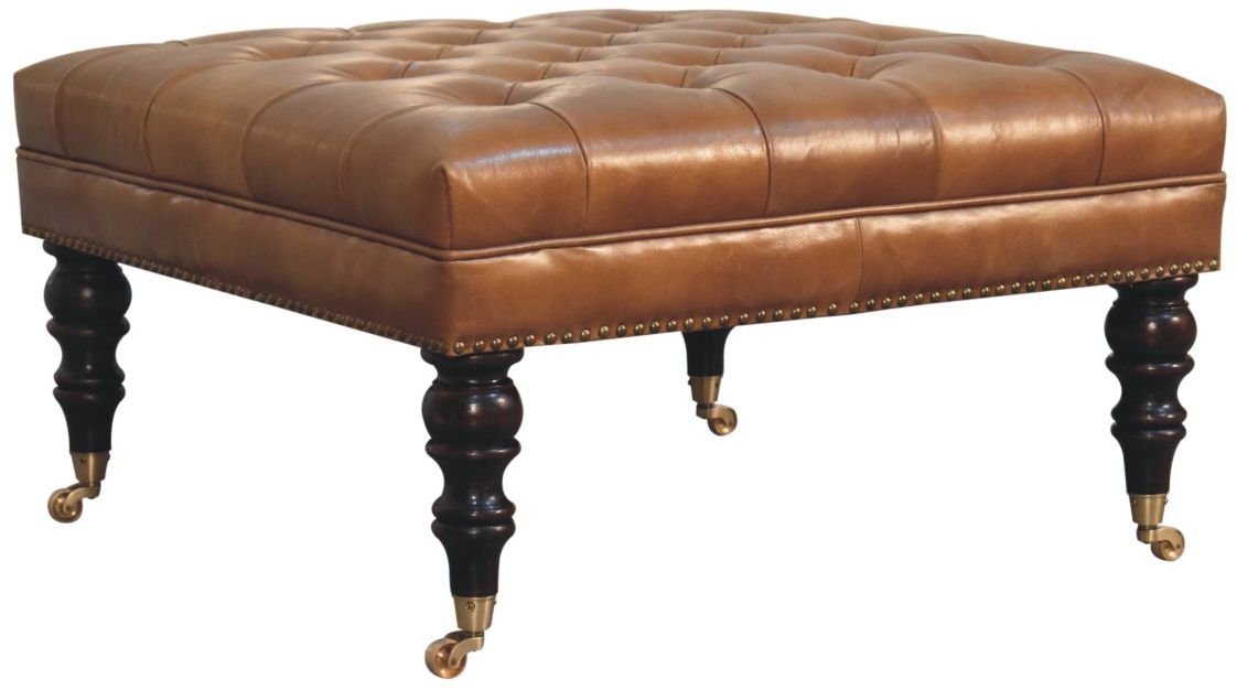 Artisan - Studded Buffalo Tan Leather Ottoman With Castor Legs