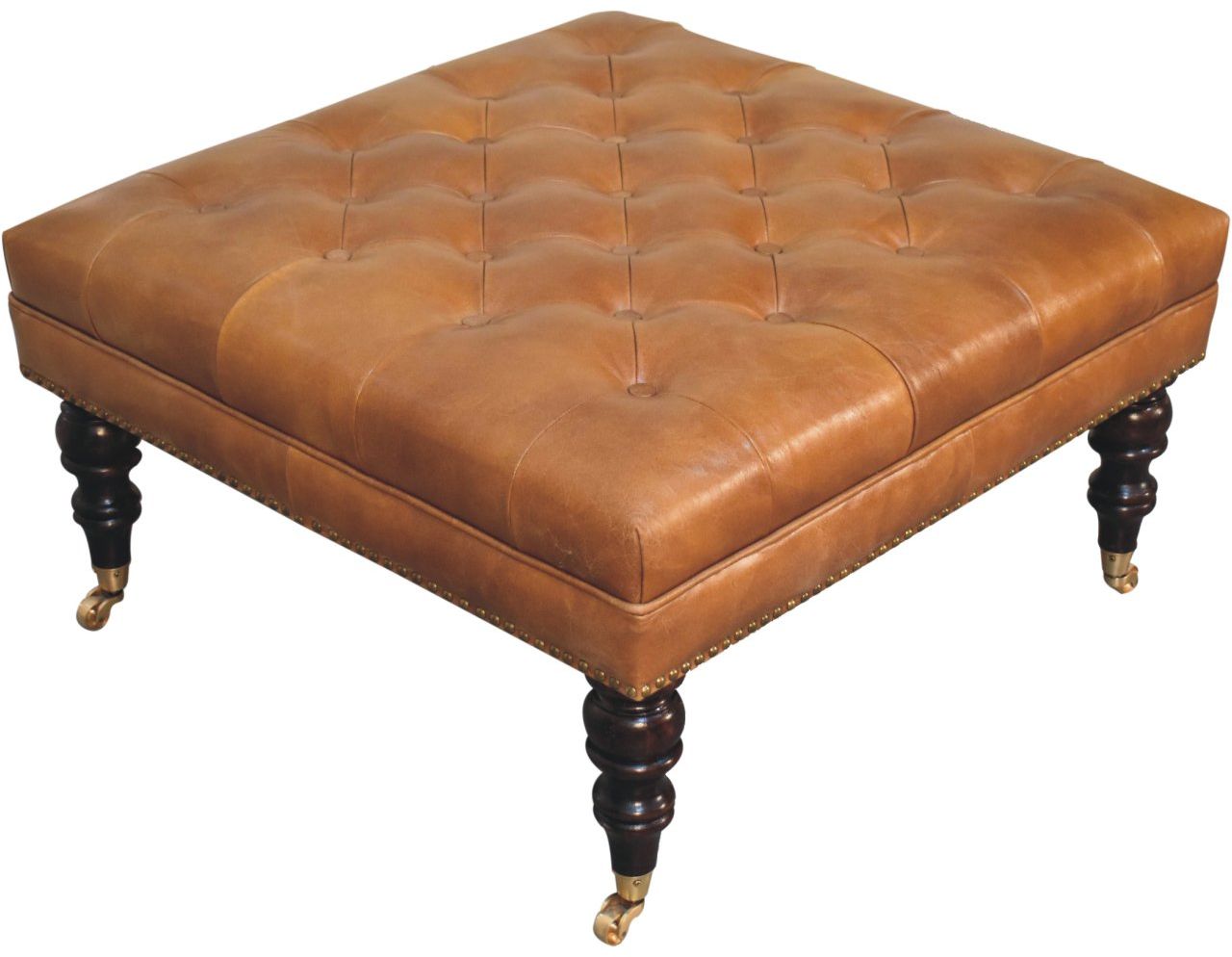 Artisan - Studded Buffalo Tan Leather Ottoman With Castor Legs
