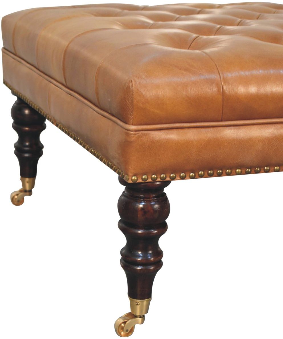 Artisan - Studded Buffalo Tan Leather Ottoman With Castor Legs