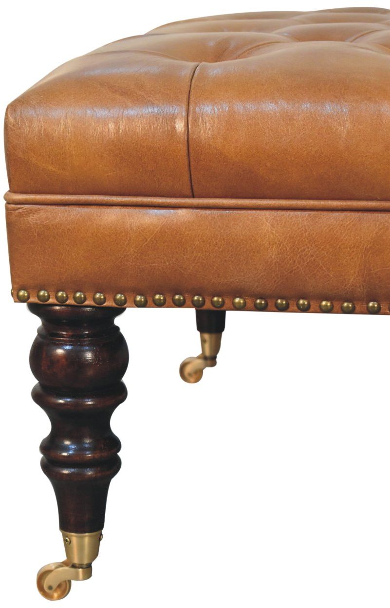 Artisan - Studded Buffalo Tan Leather Ottoman With Castor Legs