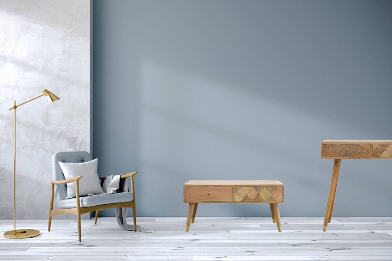 Artisan - Oak-ish Gold Brass Inlay Console Table