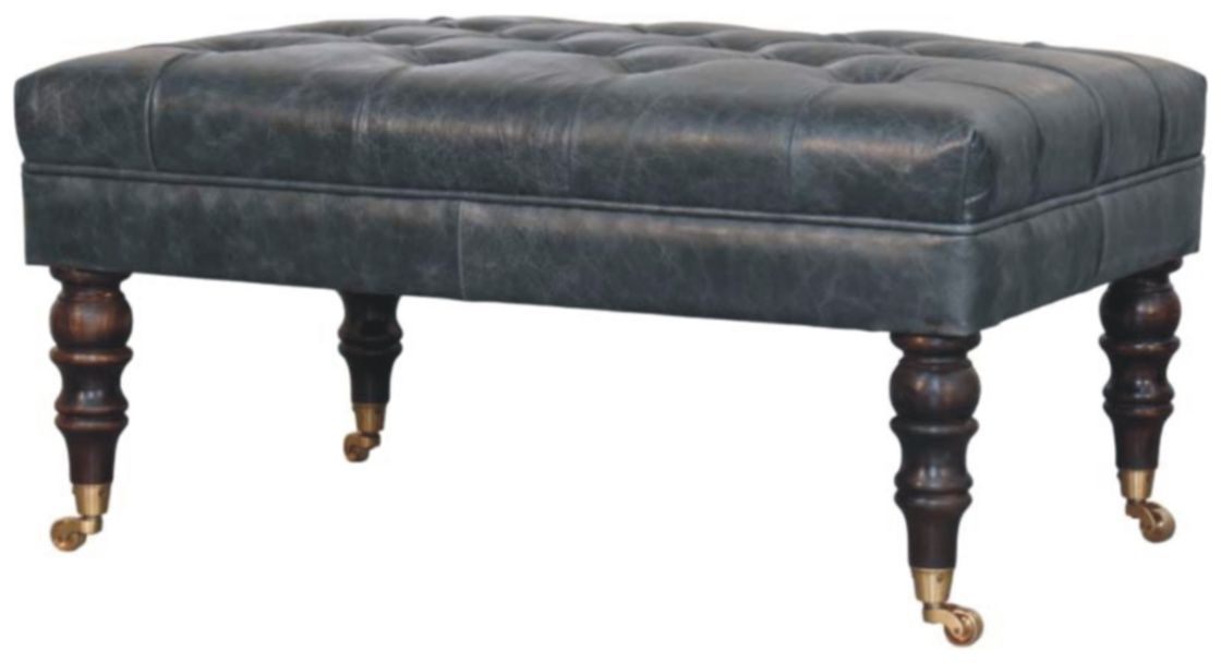 Artisan - Buffalo Teal Leather Ottoman With Castor Legs