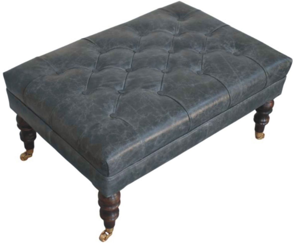 Artisan - Buffalo Teal Leather Ottoman With Castor Legs