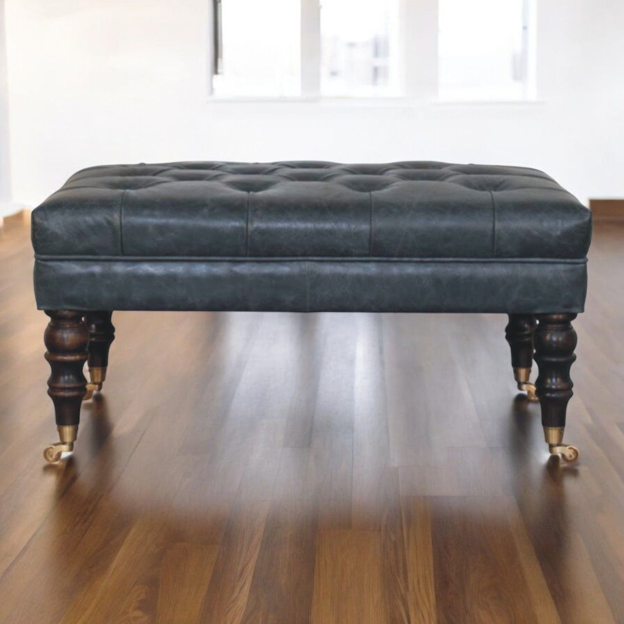 Artisan - Buffalo Teal Leather Ottoman With Castor Legs