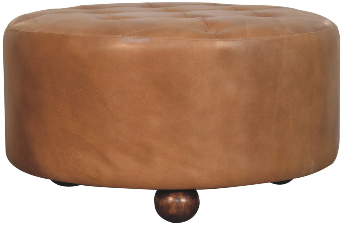 Artisan - Brown Buffalo Hide Leather Round Ottoman