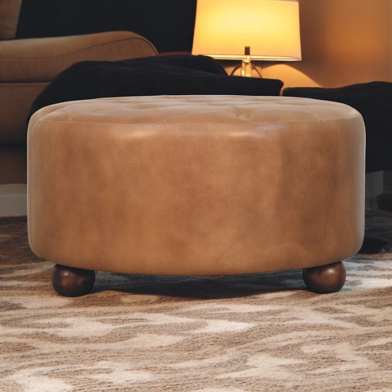 Artisan - Brown Buffalo Hide Leather Round Ottoman