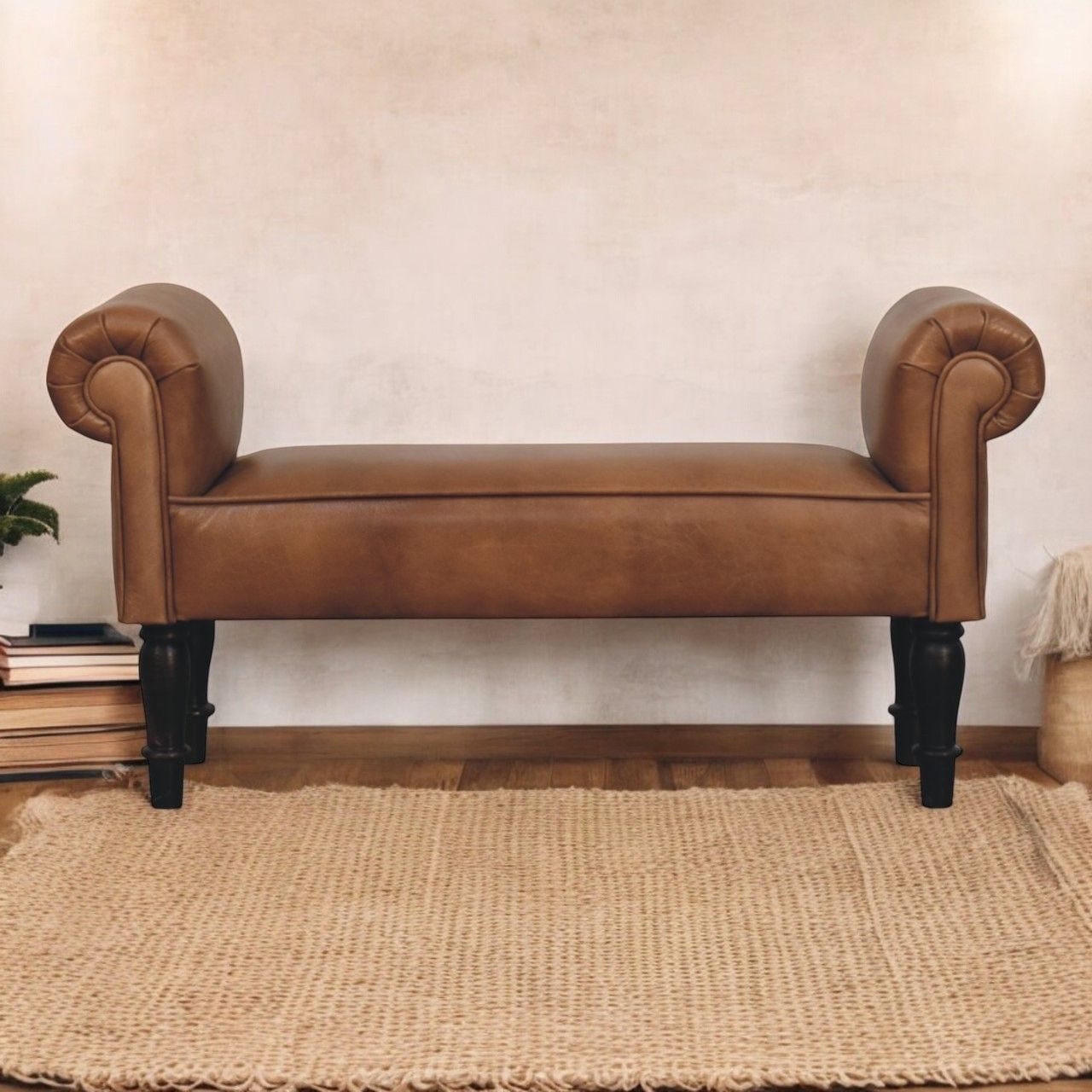 Artisan - Brown Buffalo Leather Rolled Arms Bench