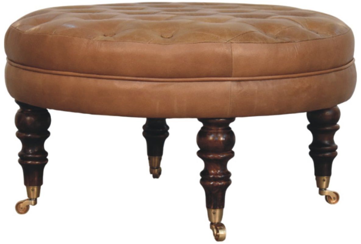 Artisan - Brown Buffalo Leather Round Ottoman With Castor Legs