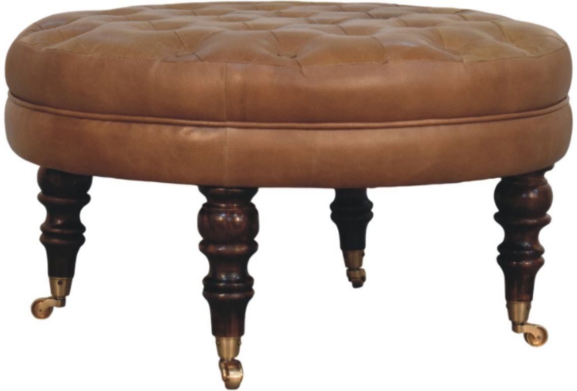 Artisan - Brown Buffalo Leather Round Ottoman With Castor Legs