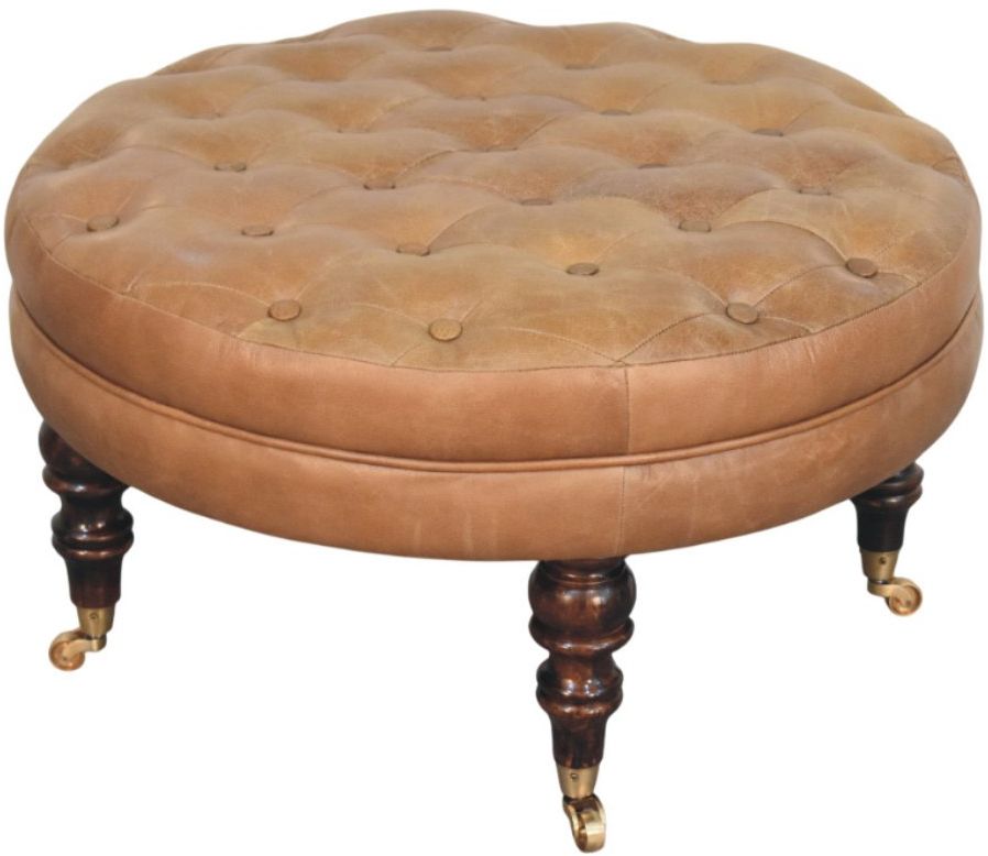 Artisan - Brown Buffalo Leather Round Ottoman With Castor Legs