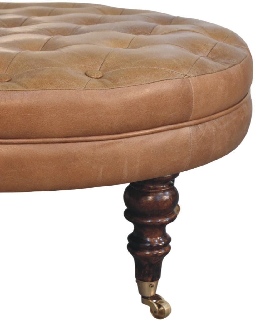 Artisan - Brown Buffalo Leather Round Ottoman With Castor Legs