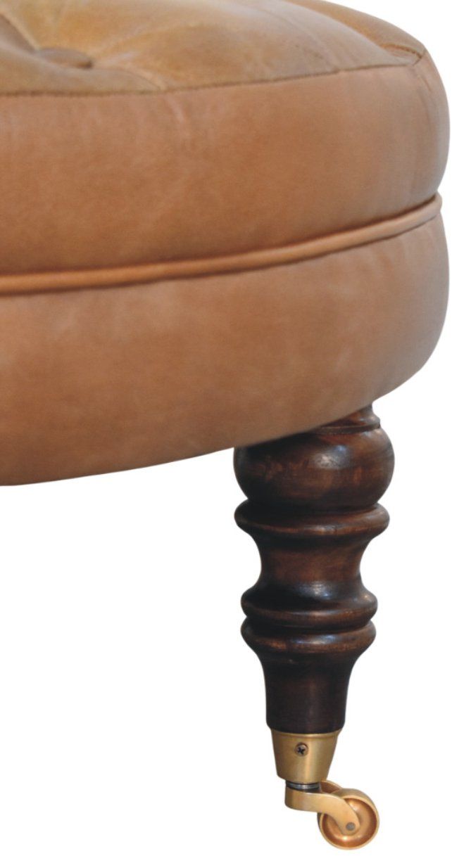 Artisan - Brown Buffalo Leather Round Ottoman With Castor Legs