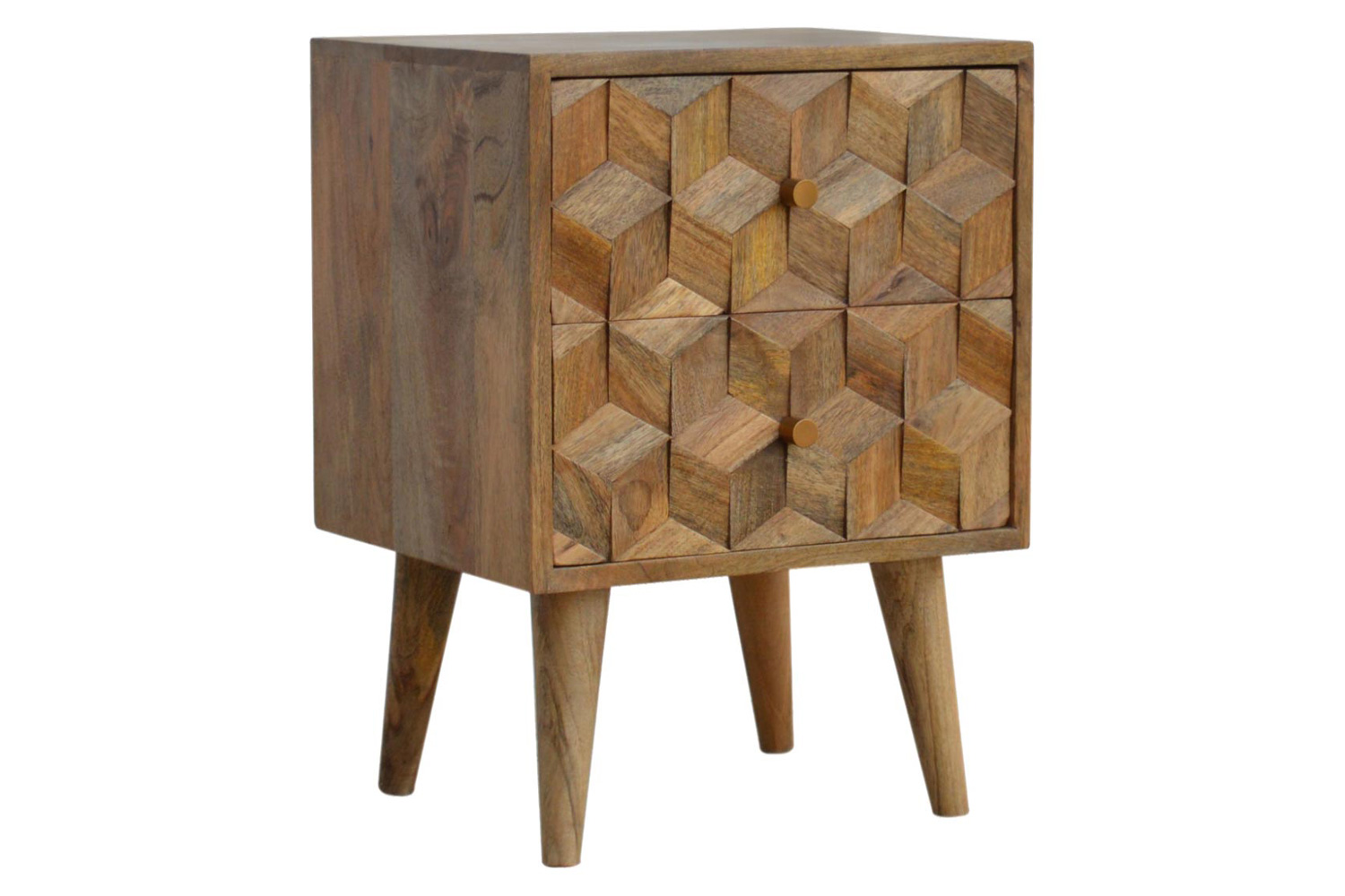 Artisan Cube Carved Bedside with 2 Drawers - Oak-ish