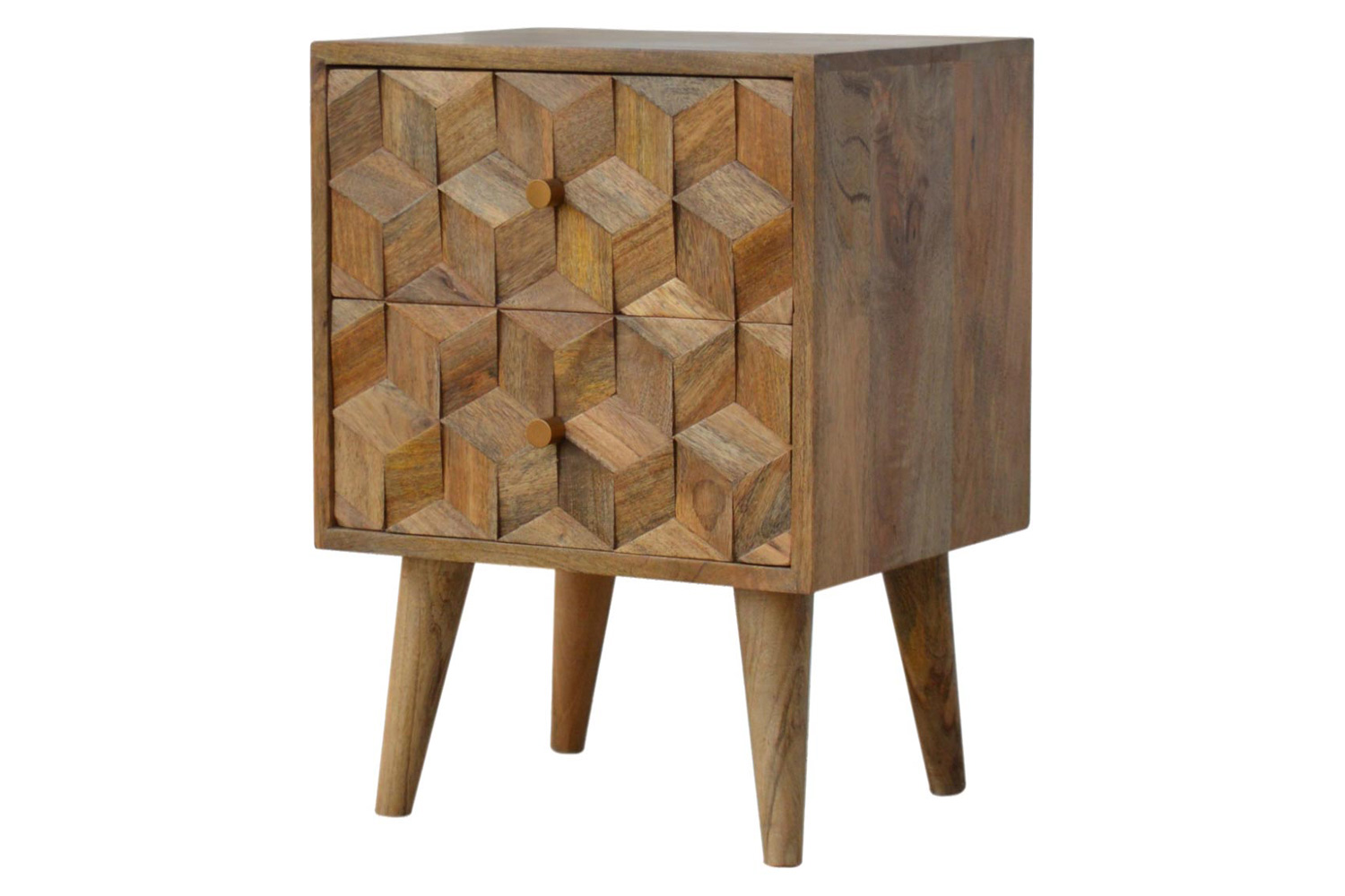 Artisan Cube Carved Bedside with 2 Drawers - Oak-ish