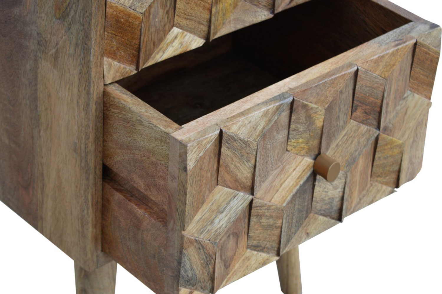 Artisan Cube Carved Bedside with 2 Drawers - Oak-ish