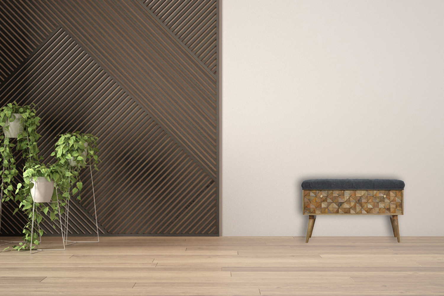 Artisan Diamond Carved Storage Hallway Bench - Oak-ish, With Gray Tweed Pad Seat