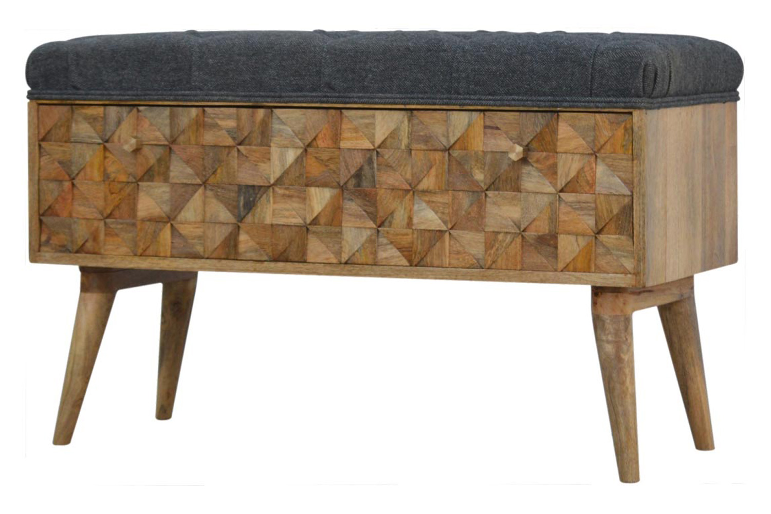Artisan Diamond Carved Storage Hallway Bench - Oak-ish, With Gray Tweed Pad Seat