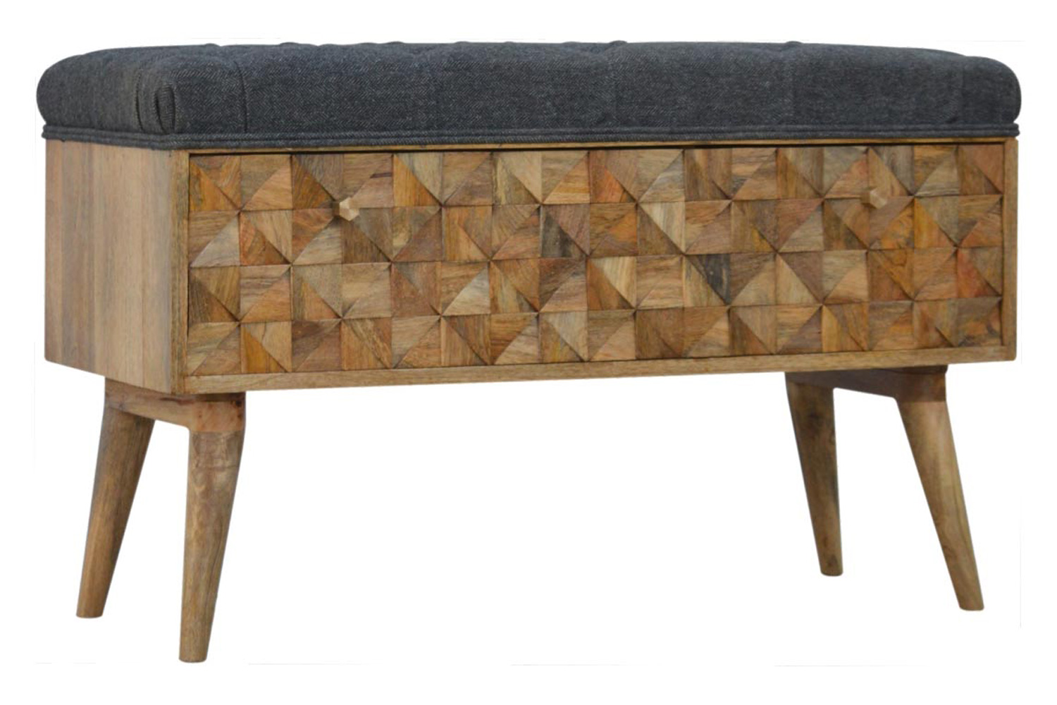 Artisan Diamond Carved Storage Hallway Bench - Oak-ish, With Gray Tweed Pad Seat