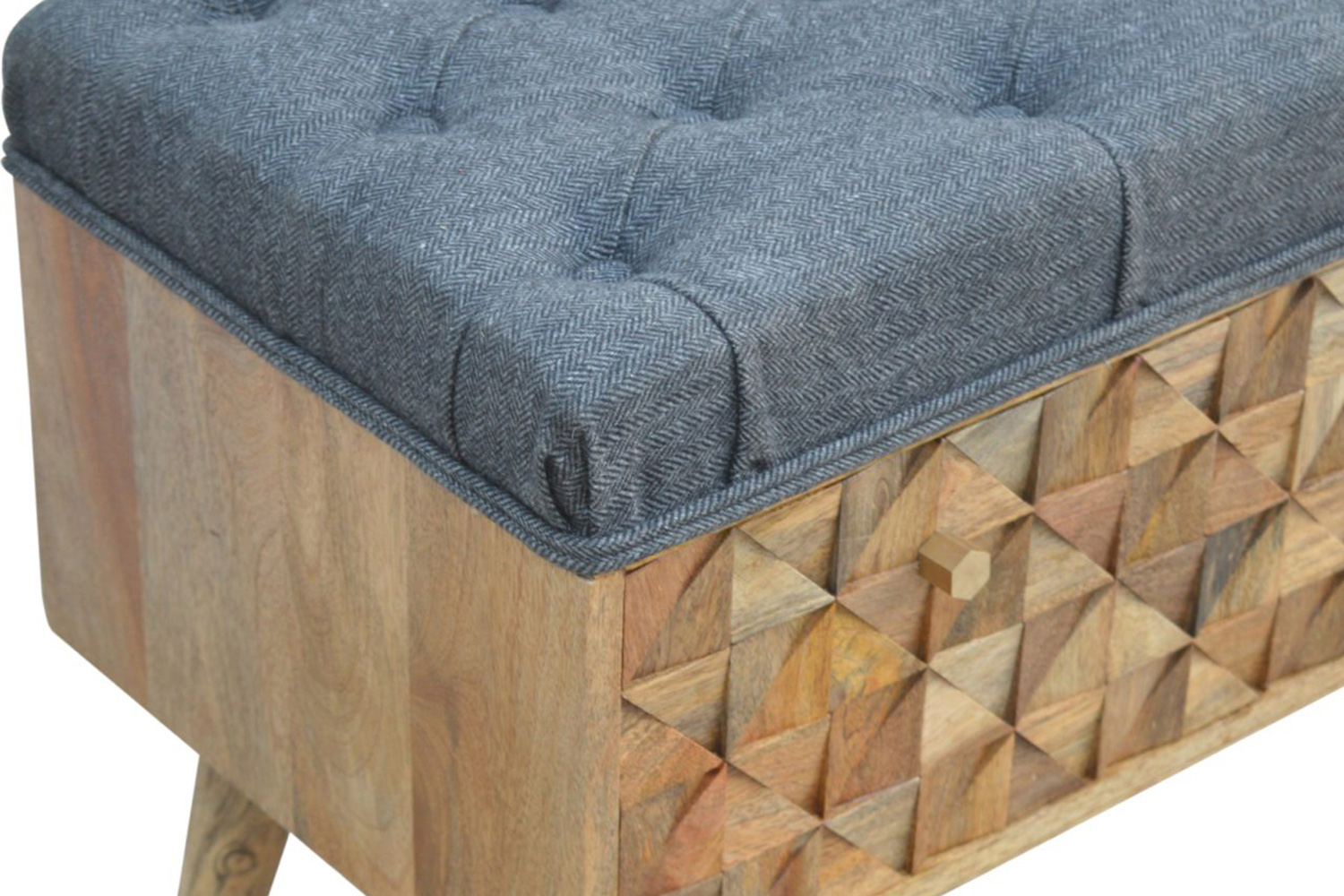 Artisan Diamond Carved Storage Hallway Bench - Oak-ish, With Gray Tweed Pad Seat