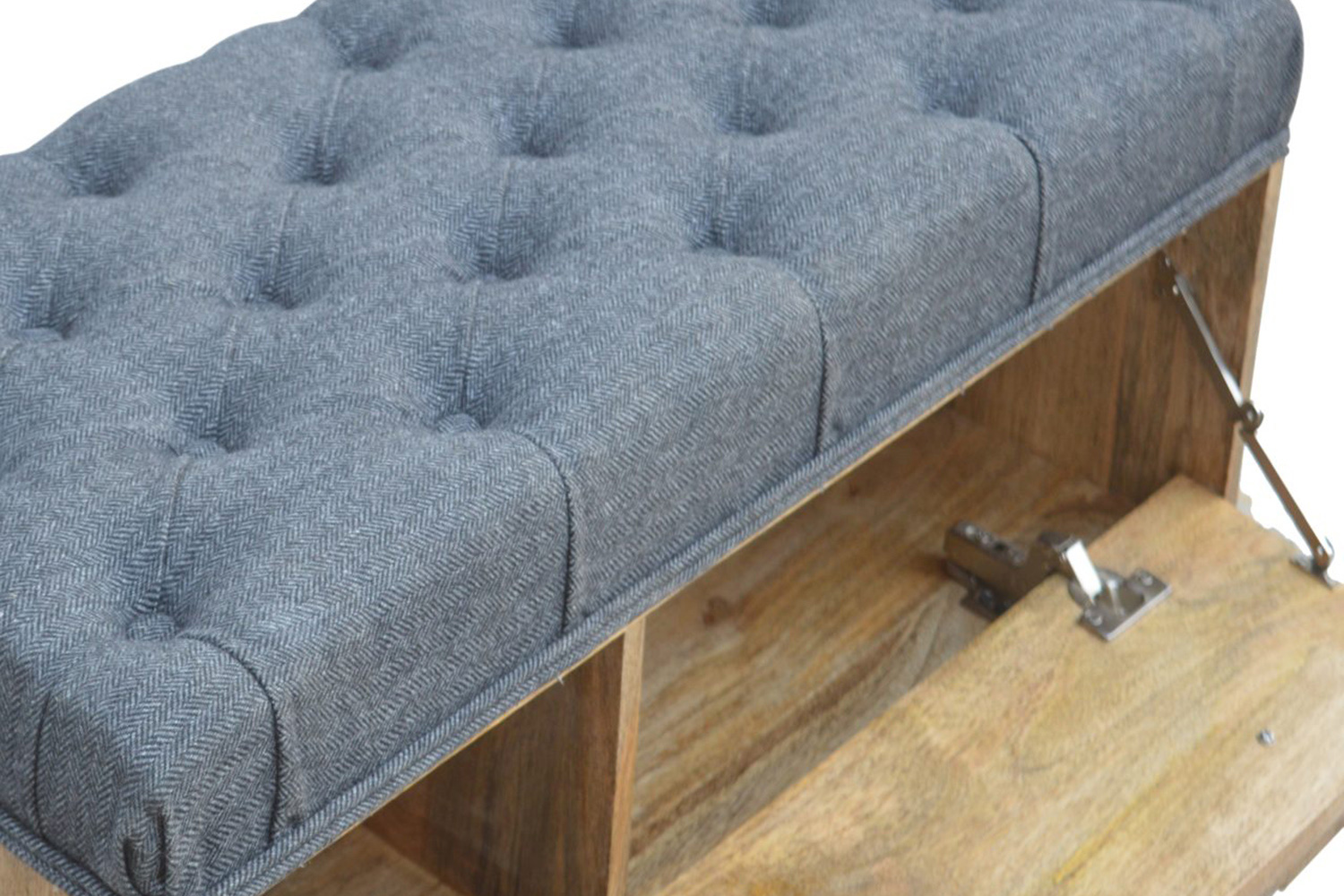 Artisan Diamond Carved Storage Hallway Bench - Oak-ish, With Gray Tweed Pad Seat