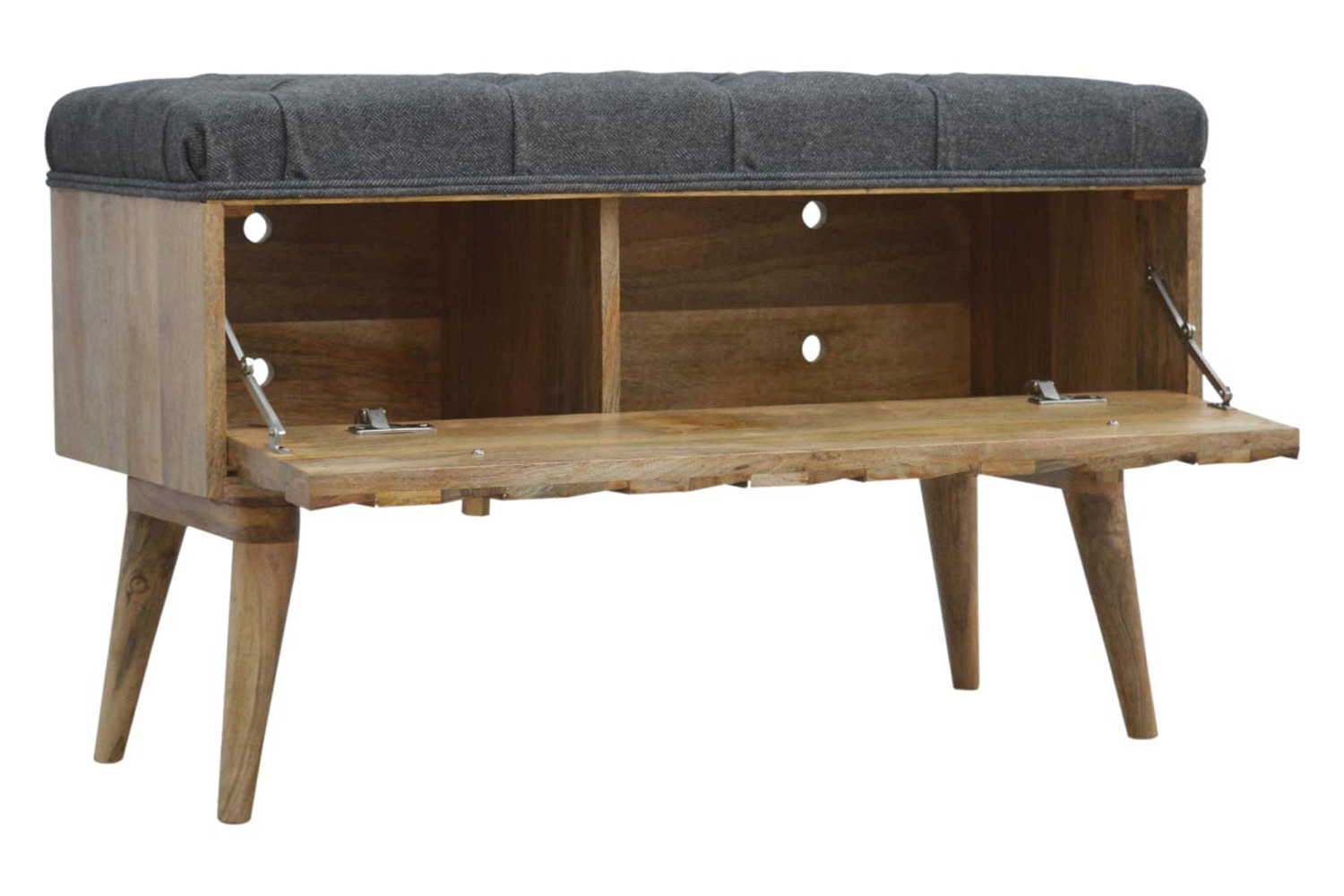 Artisan Diamond Carved Storage Hallway Bench - Oak-ish, With Gray Tweed Pad Seat