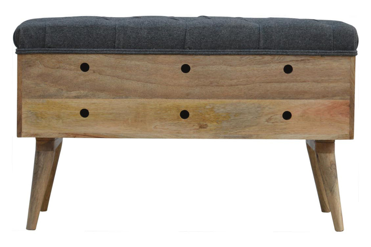 Artisan Diamond Carved Storage Hallway Bench - Oak-ish, With Gray Tweed Pad Seat