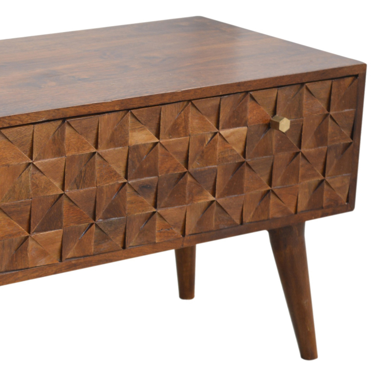 Artisan Diamond Carved Storage Hallway Bench - Chestnut, w/o Tweed Pad Seat