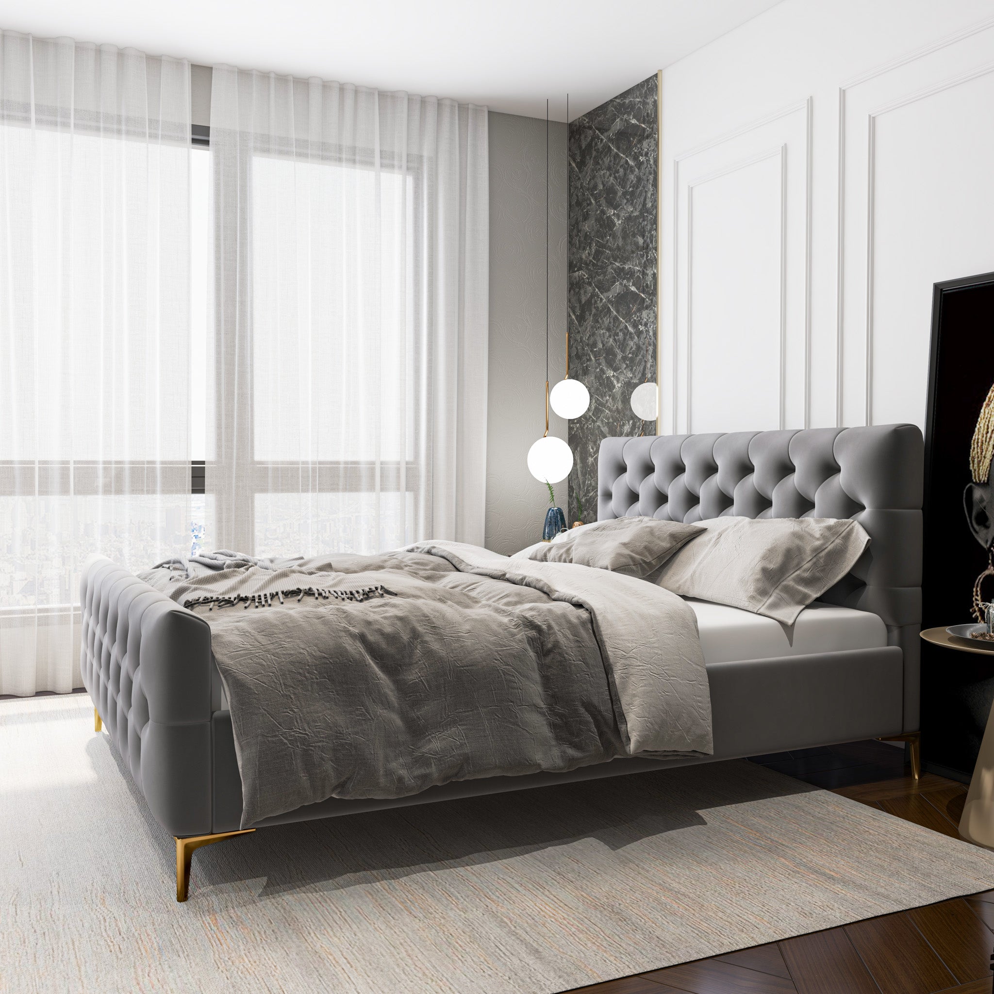 Ashcroft Bailey Velvet Bed – Gray, Queen Size