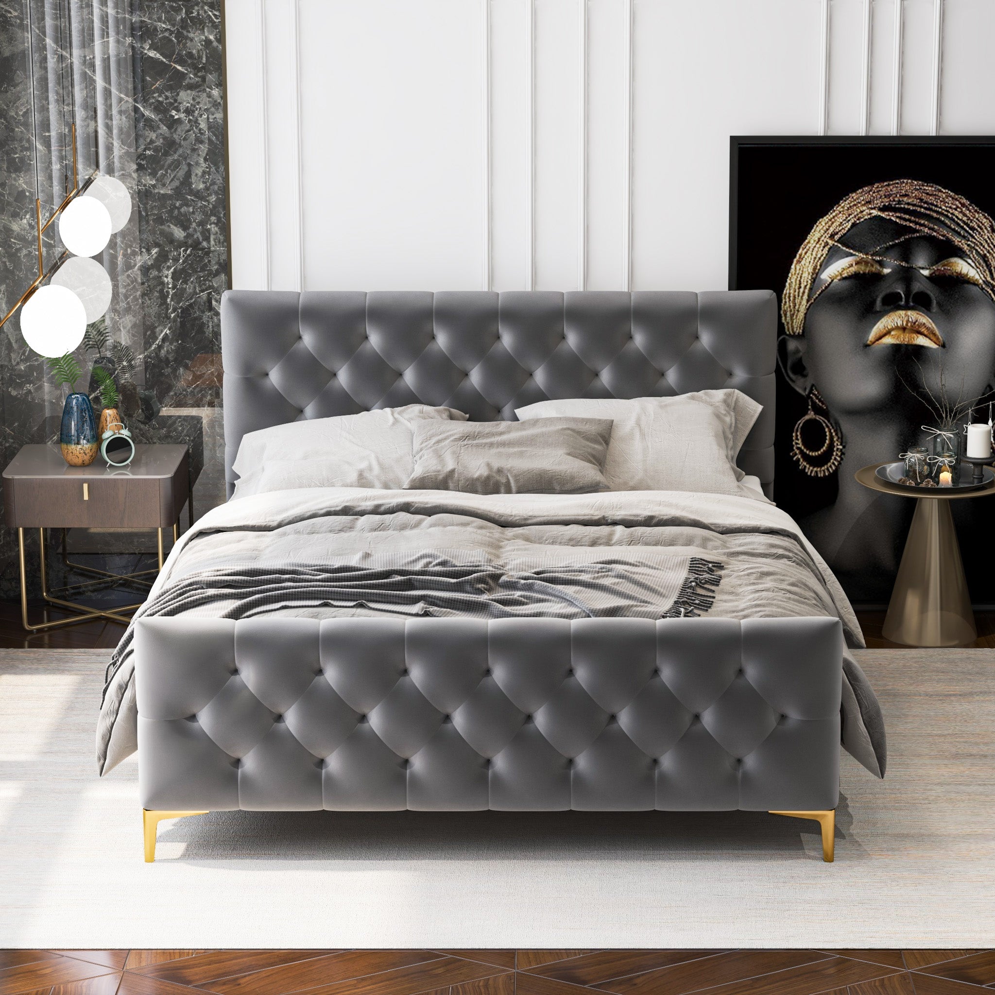 Ashcroft Bailey Velvet Bed – Gray, Queen Size