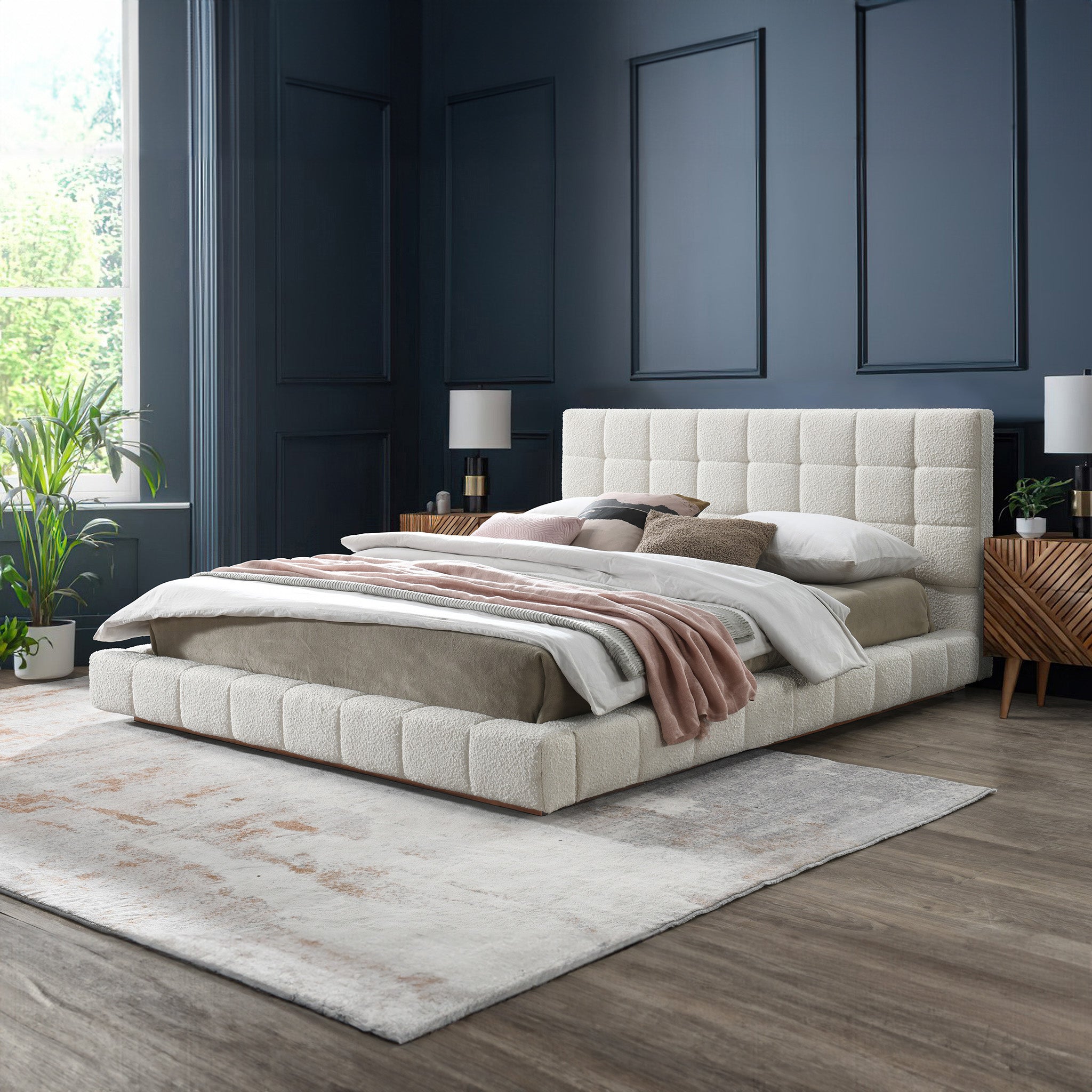 Ashcroft Hudson Upholstered Platform Bed - Ivory Boucle, Queen Size