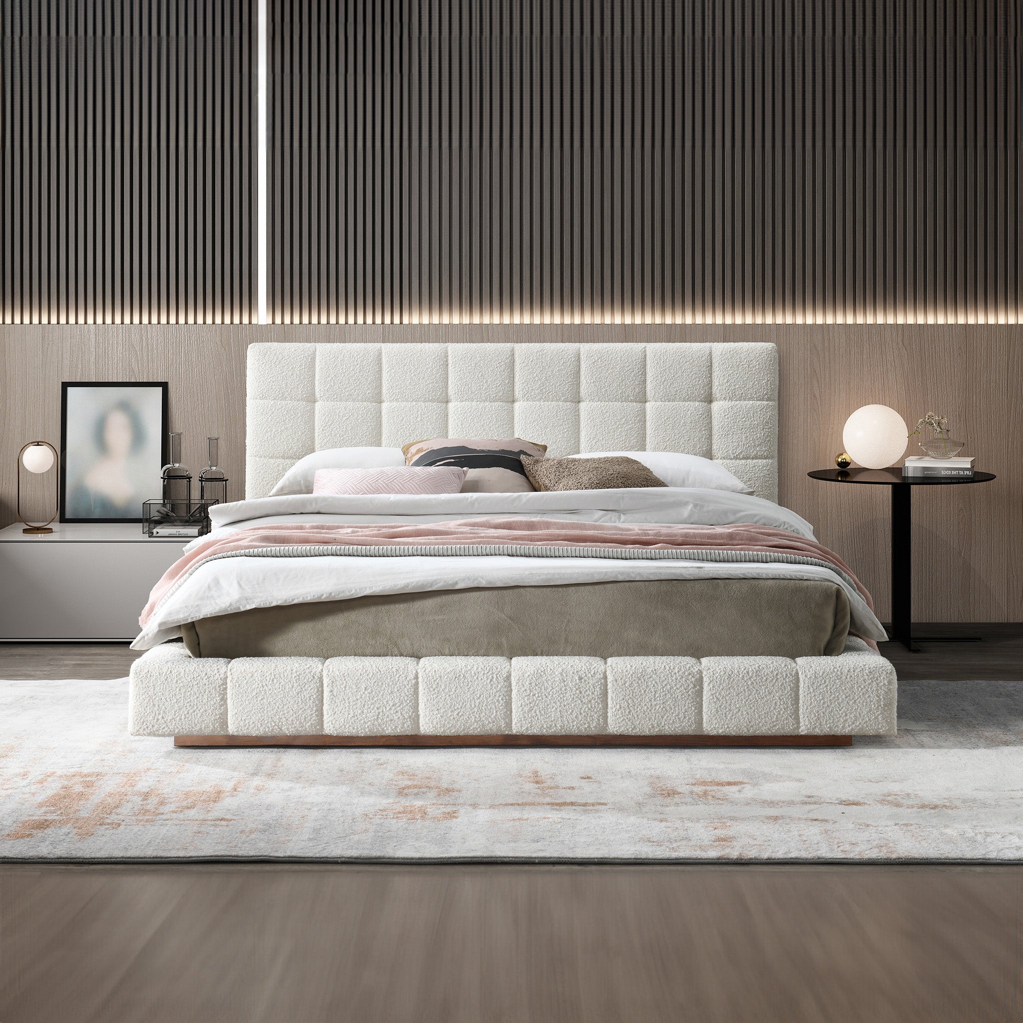 Ashcroft Hudson Upholstered Platform Bed - Ivory Boucle, Queen Size