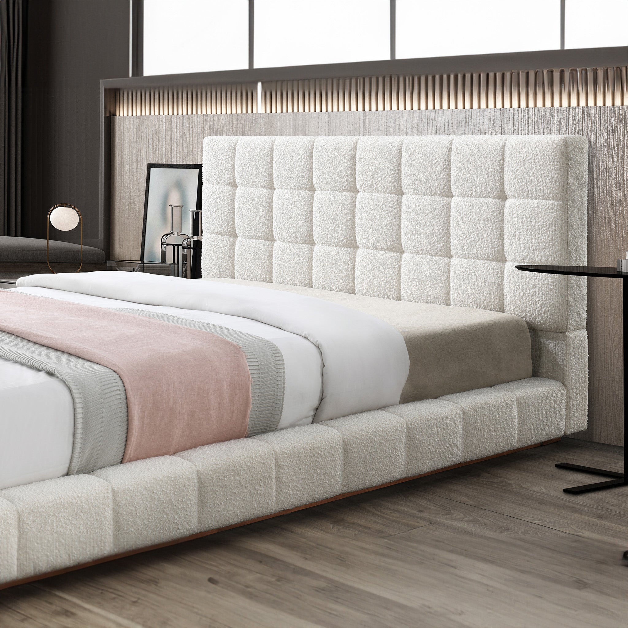 Ashcroft Hudson Upholstered Platform Bed - Ivory Boucle, Queen Size