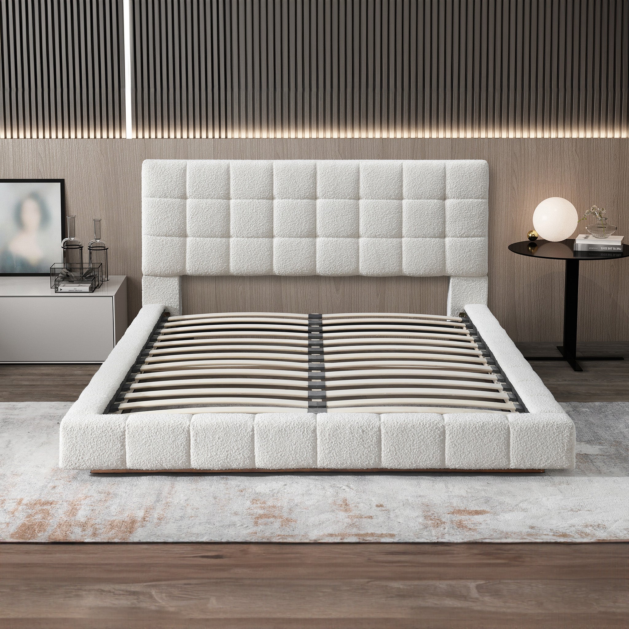 Ashcroft Hudson Upholstered Platform Bed - Ivory Boucle, Queen Size