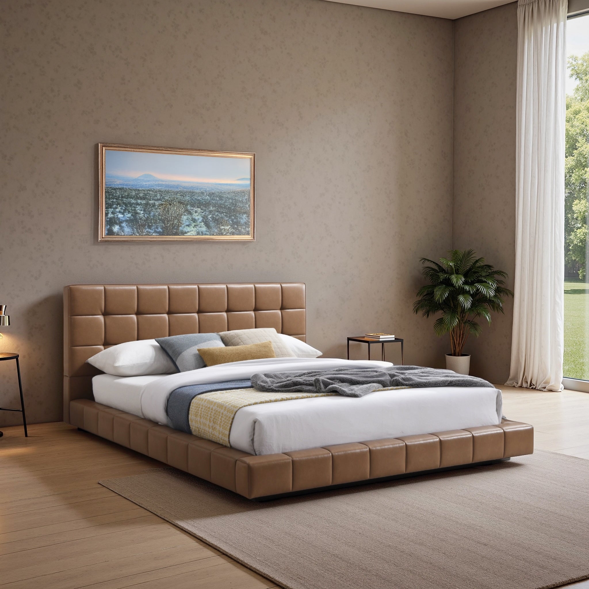 Ashcroft Hudson Upholstered Platform Bed - Tan Vegan Leather, Queen Size