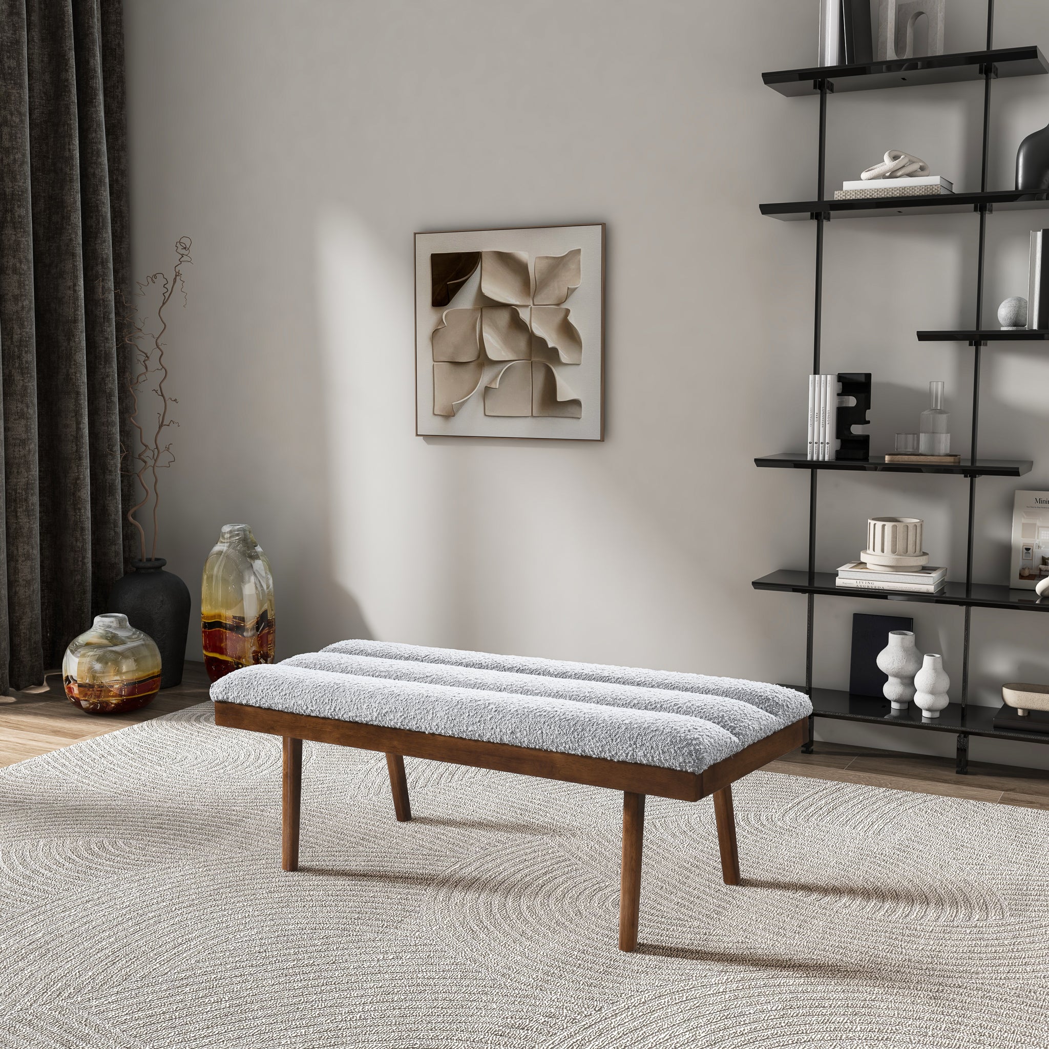 Ashcroft - Troni Light Gray Boucle Bench