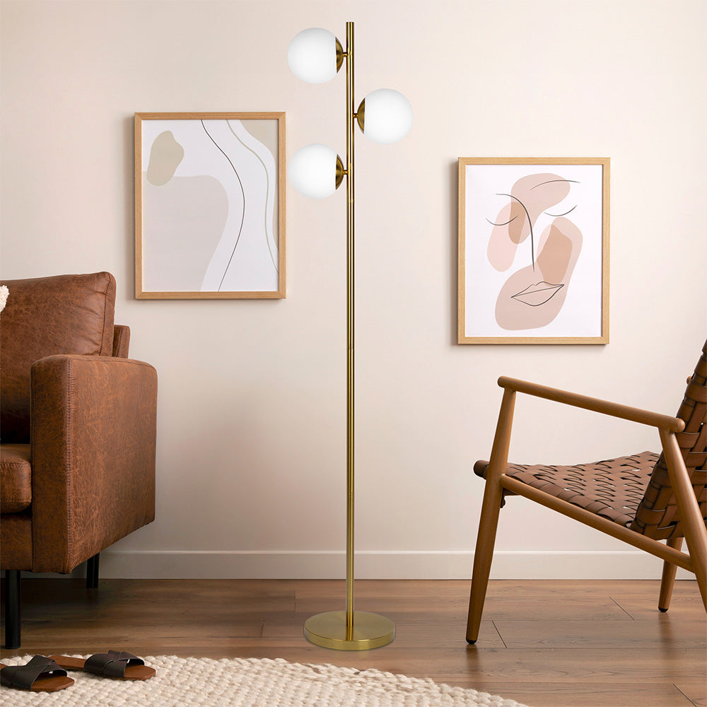 Ashcroft - Brilliance Modern Gold Brush Floor Lamp, Opal Glass Shades and Round Metal Base