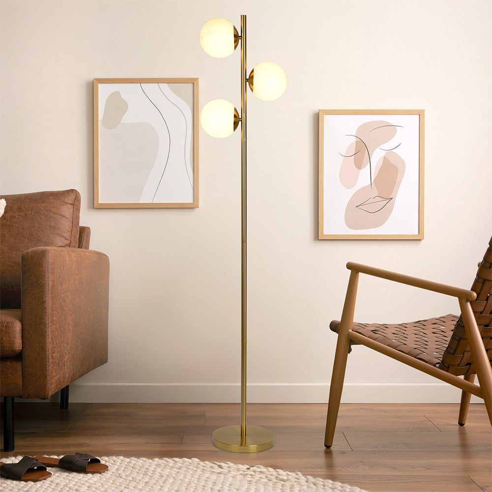 Ashcroft - Brilliance Modern Gold Brush Floor Lamp, Opal Glass Shades and Round Metal Base