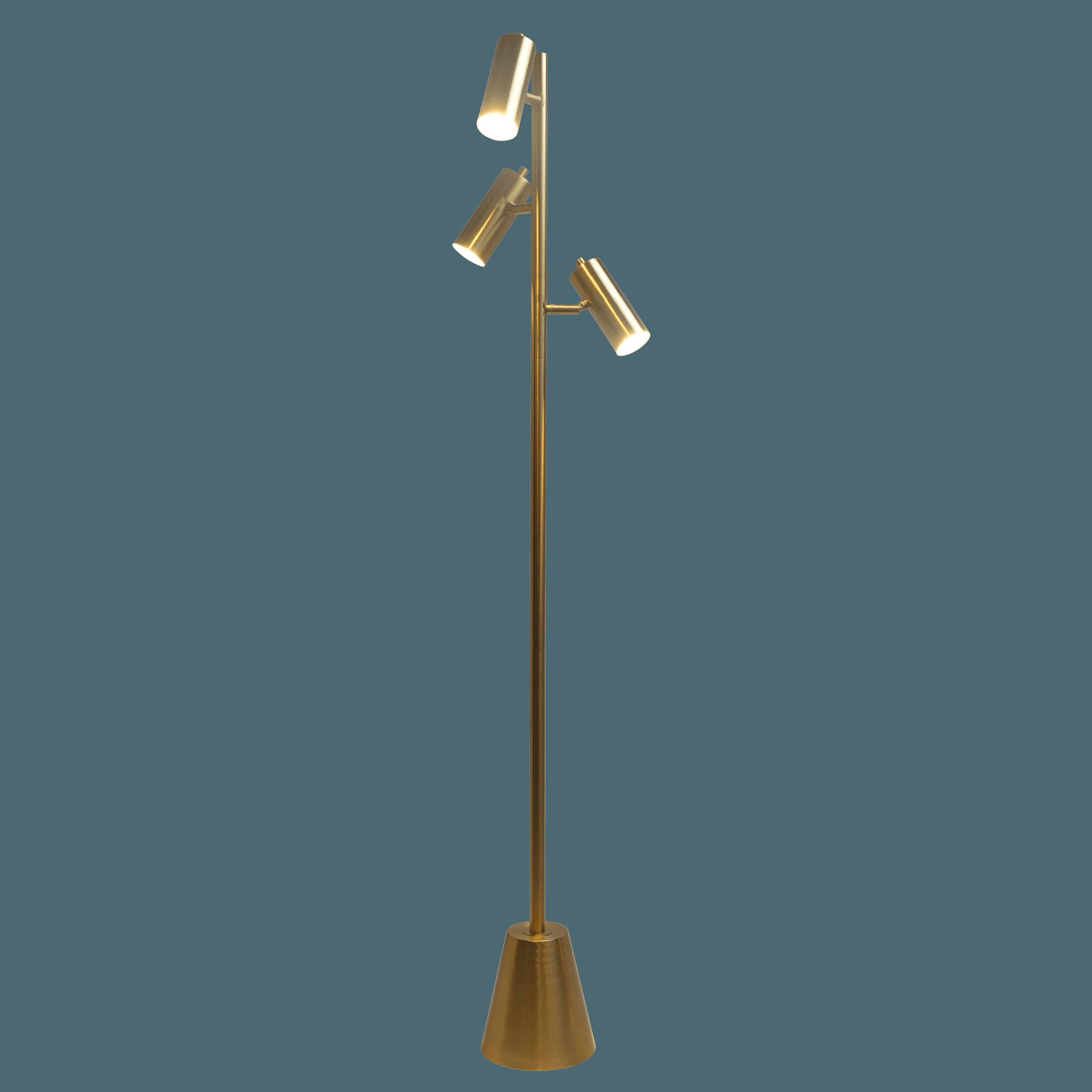 Ashcroft - Lumina Brassed Gold Floor Lamp with Rotary Switch Triple Spots Metal Cone Base