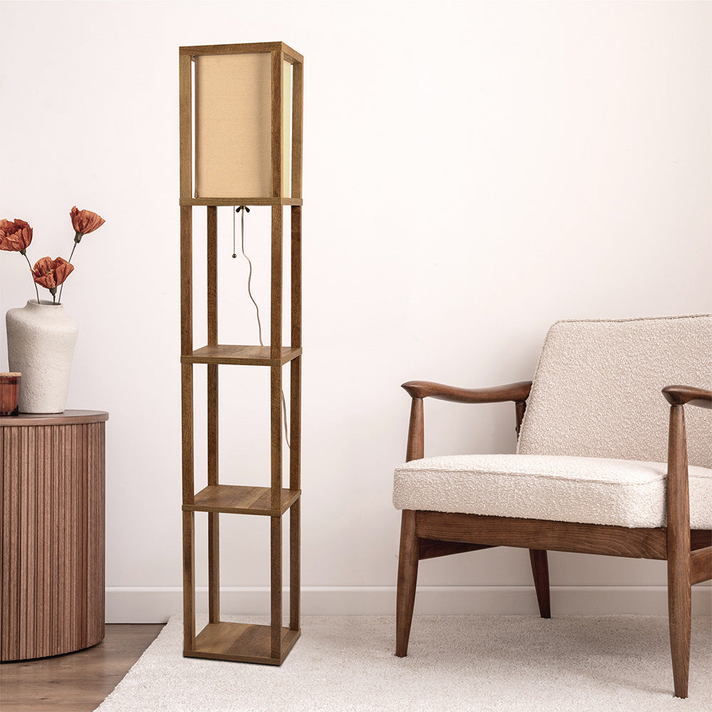 Ashcroft - Pinnacle Shelf Floor Lamp For Bedroom/Living Room, Natural Wood with Long Shade
