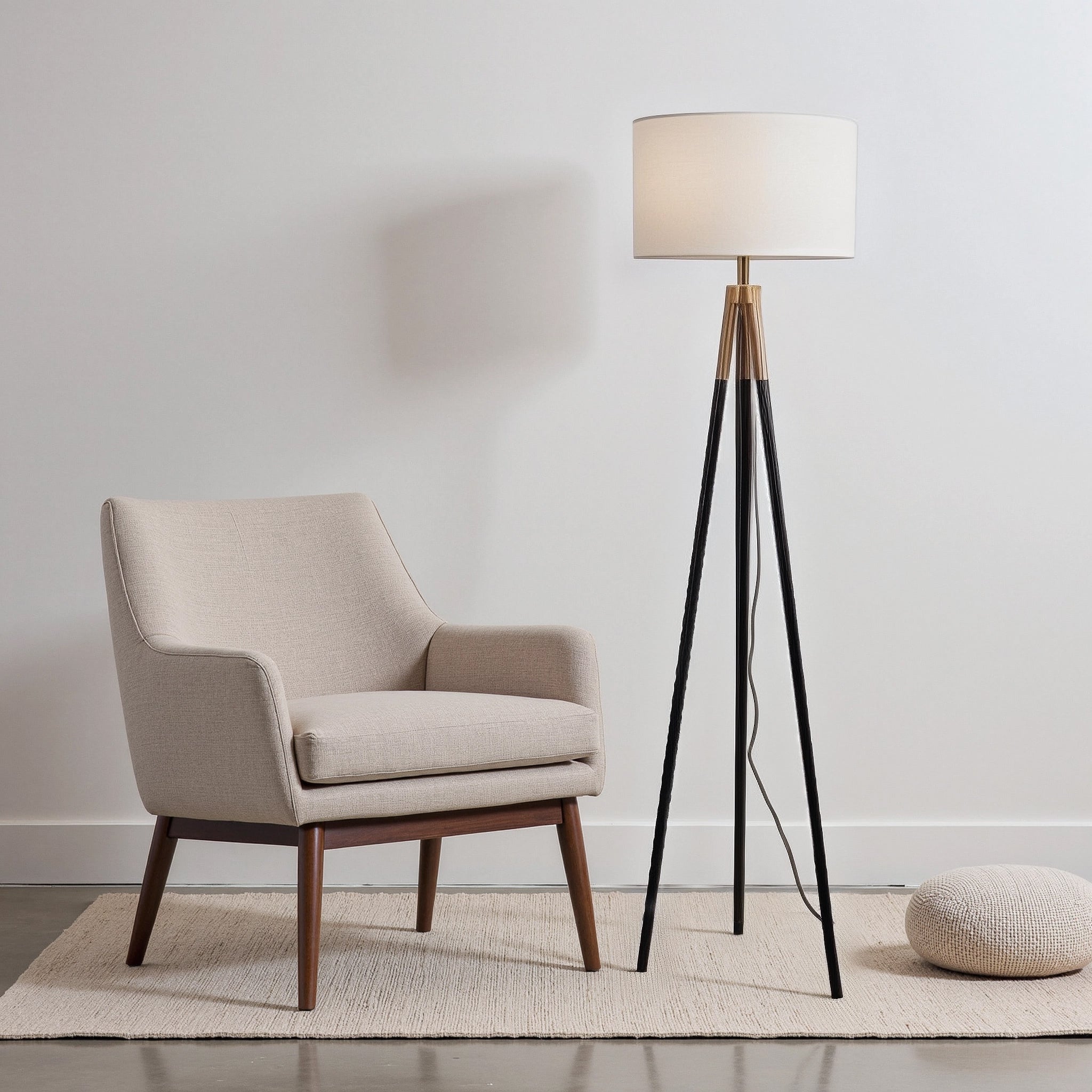 Ashcroft - Sway Brassed Gold Floor Lamp with On/Off Switch Triple Legs White Fabric Shade