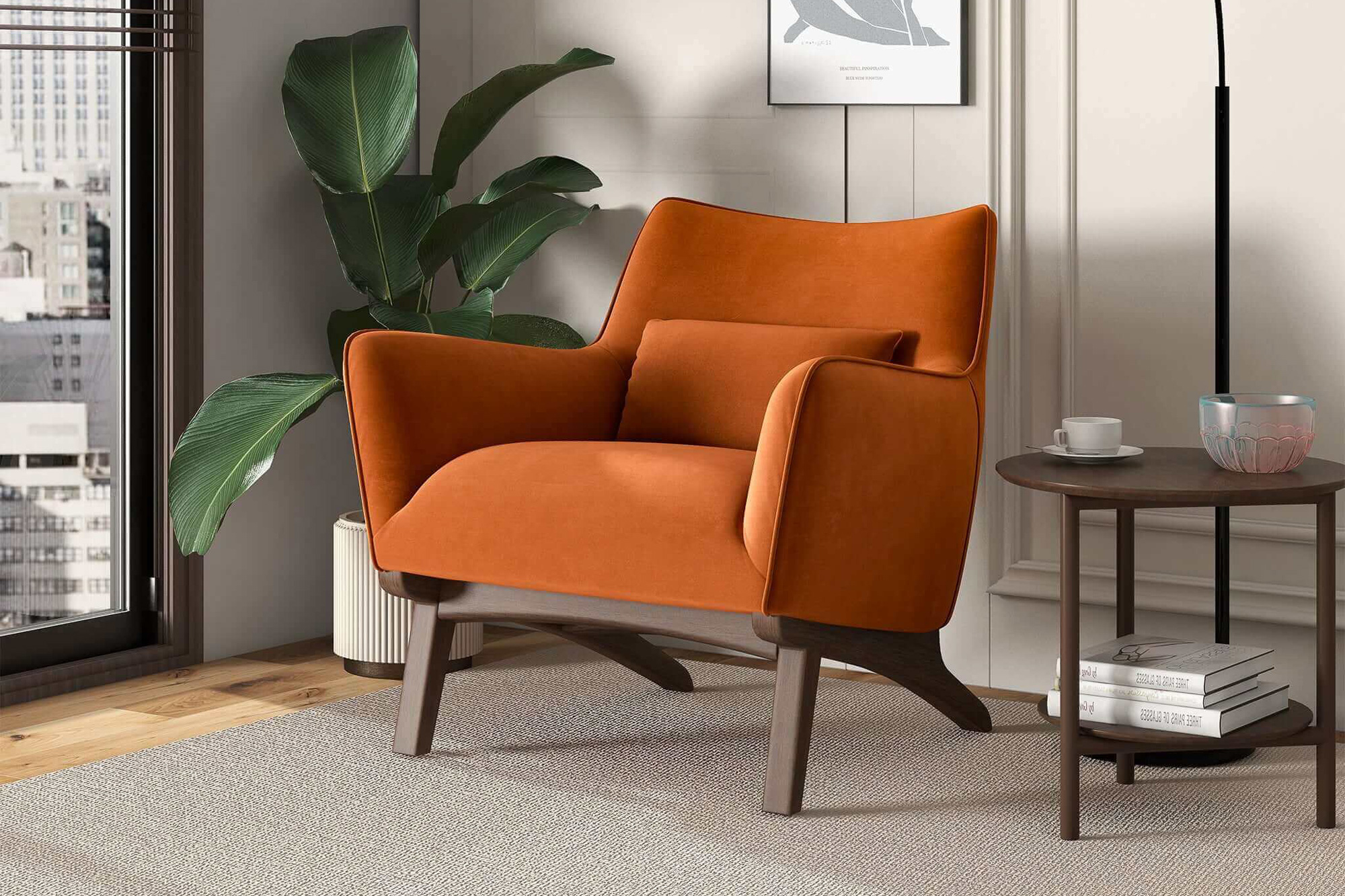 Ashcroft Brayden Mid-Century Modern Velvet Armchair - Burnt Orange