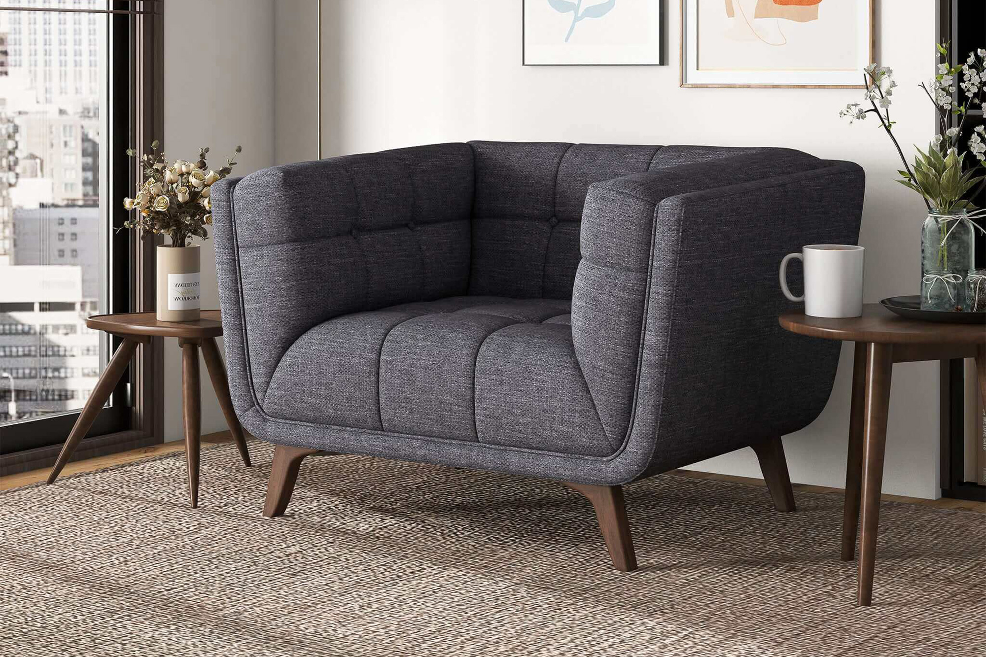 Ashcroft Addison Mid-Century Modern Linen Lounge Chair - Seaside Gray