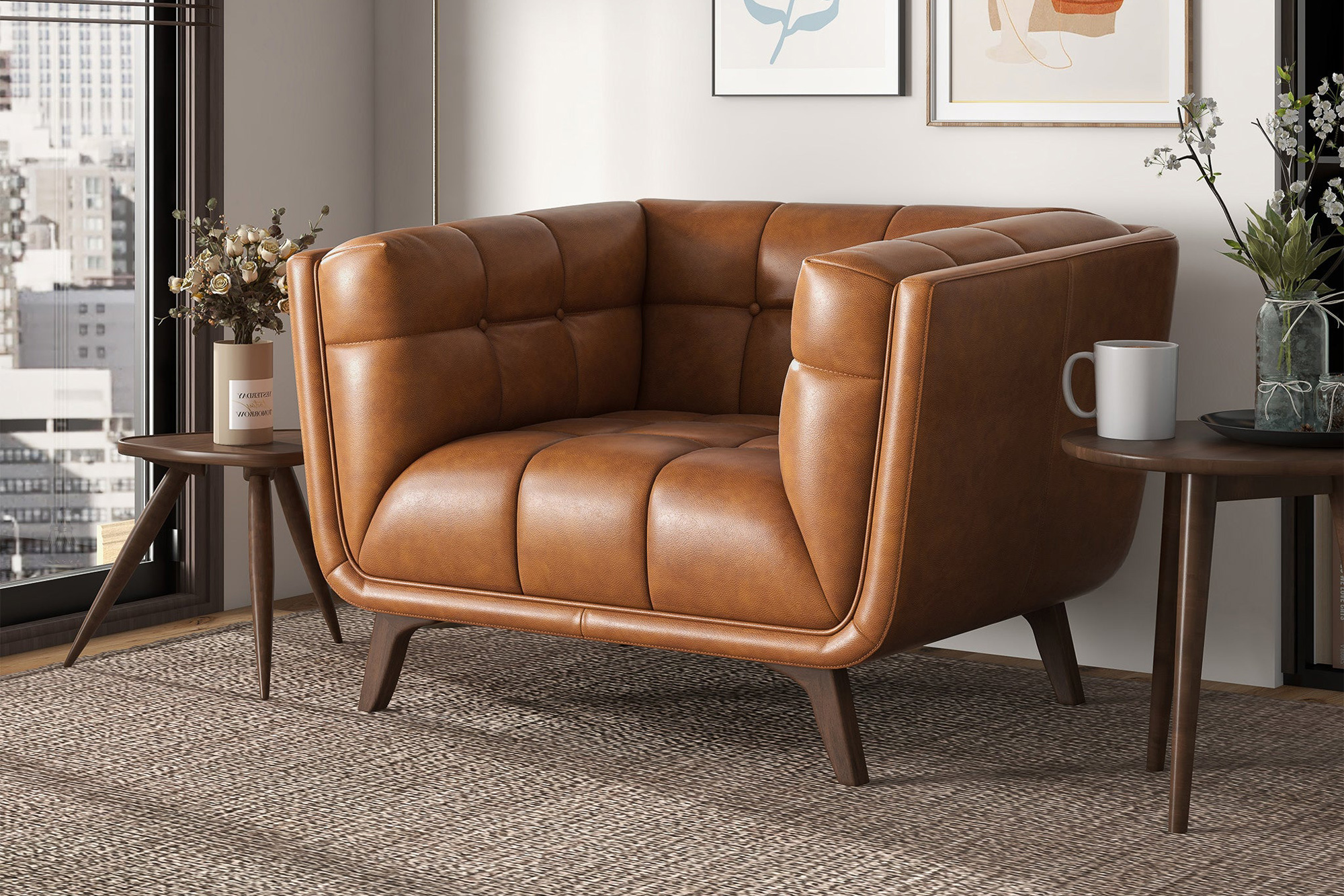Ashcroft Addison Mid-Century Modern Leather Lounge Chair - Cognac
