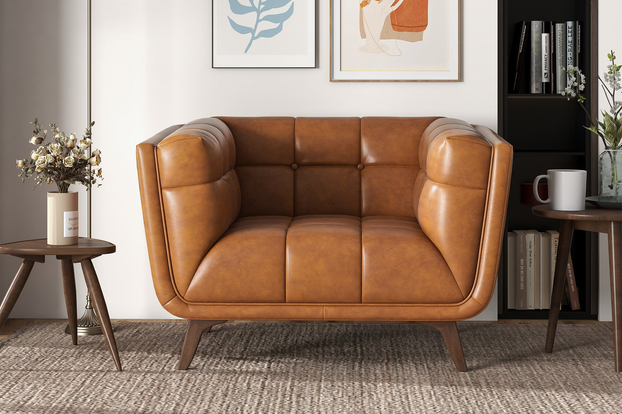 Ashcroft Addison Mid-Century Modern Leather Lounge Chair - Cognac