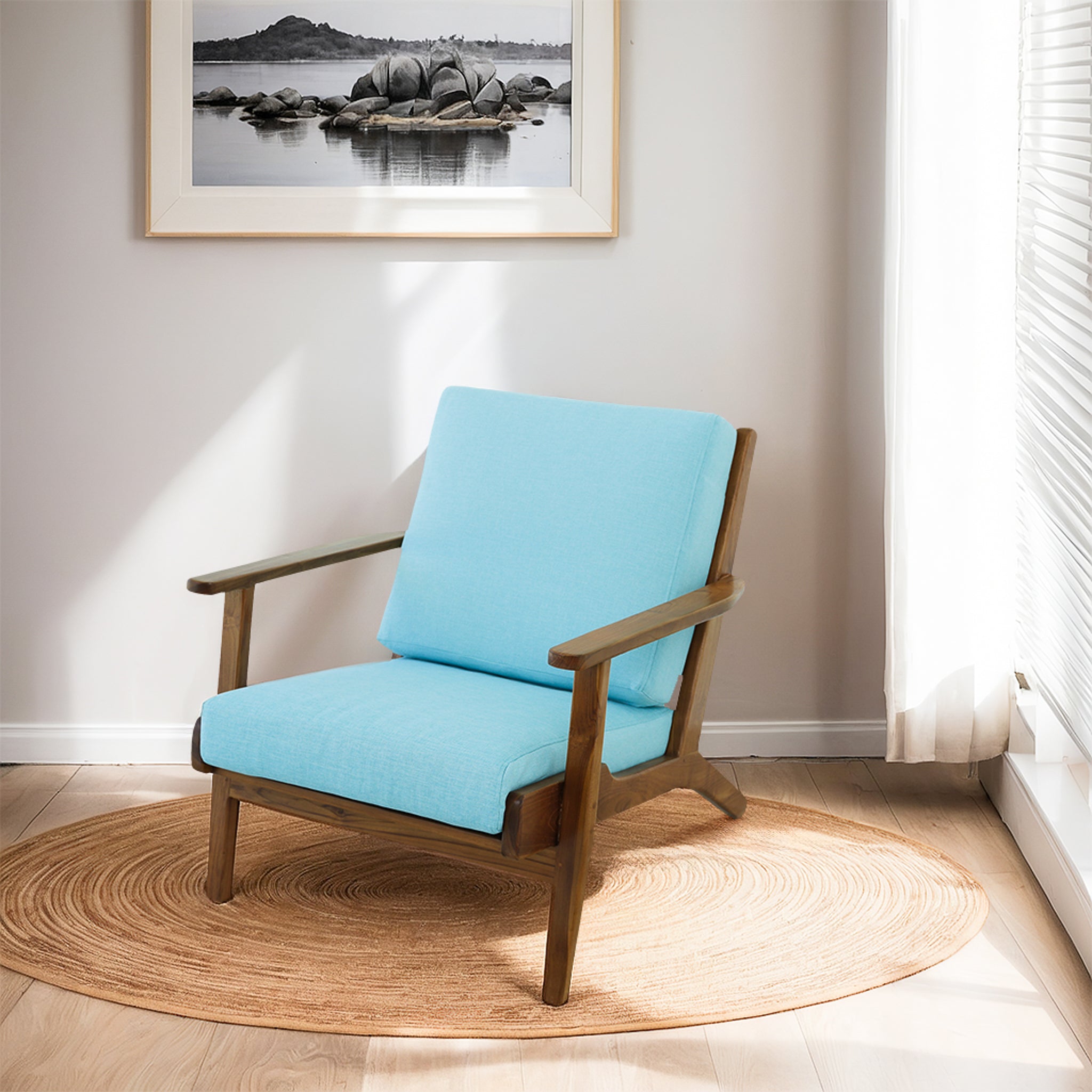 Ashcroft Connor Solid Wood Linen Lounge Chair - Sky Blue