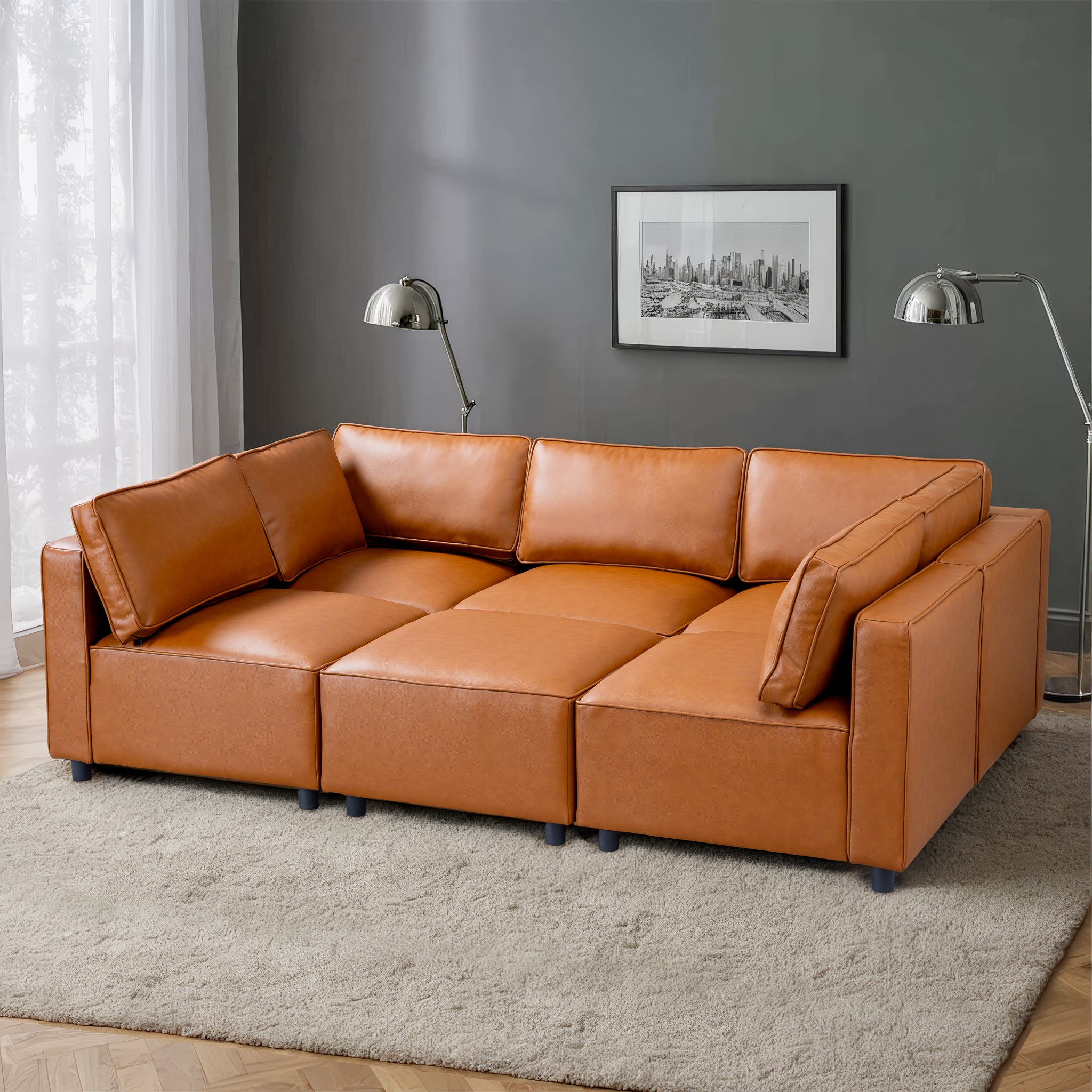 Ashcroft - Reno Cognac Vegan Leather Modular Sofa