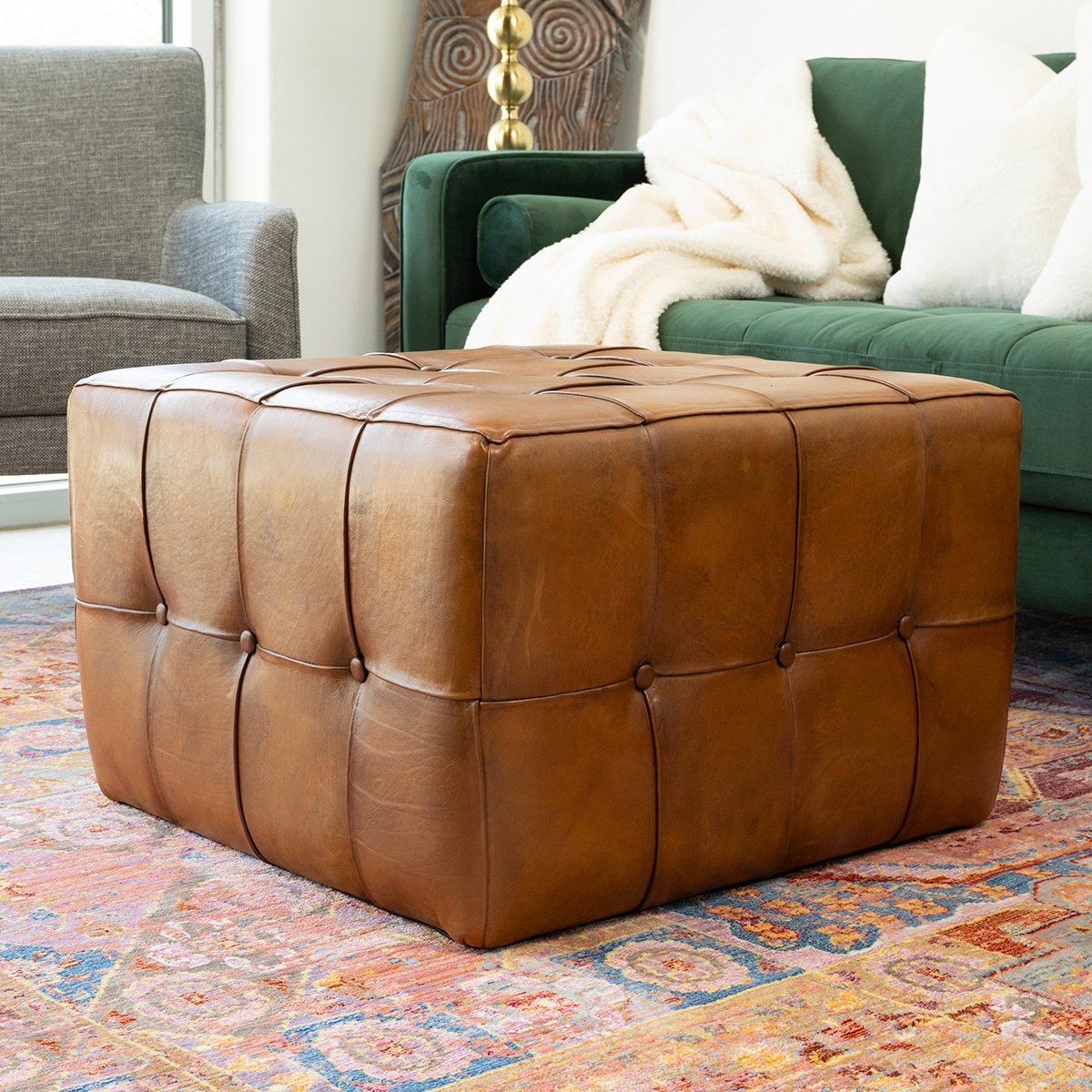 Ashcroft – Benjiro Square Tan Leather Ottoman