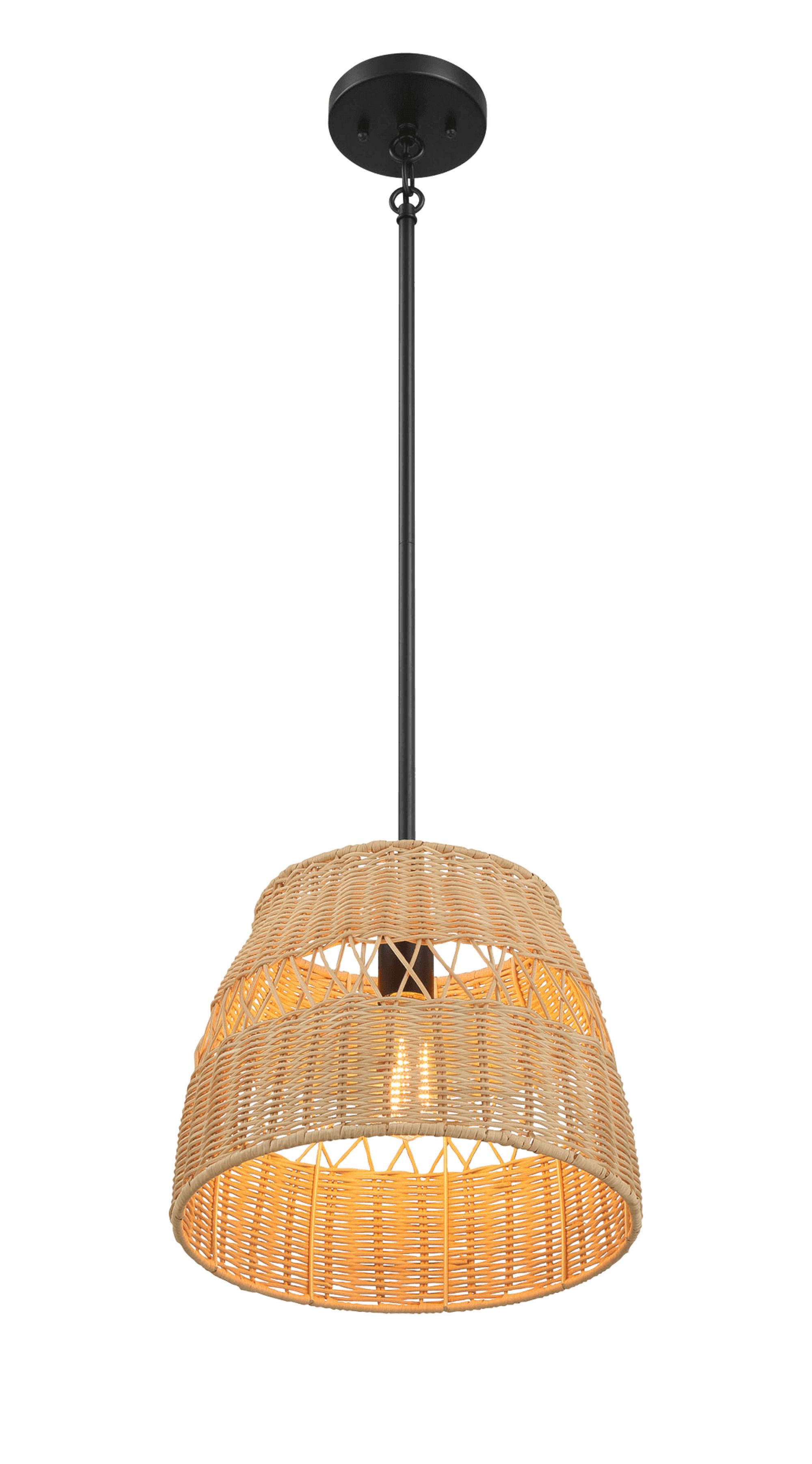 Ashcroft - Essence Single Lights Pendant With Rattan Shade Black Metal Finish for Farmhouse Style